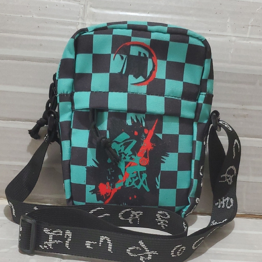 Checkerboard Teal Crossbody Bag with Graphic Print